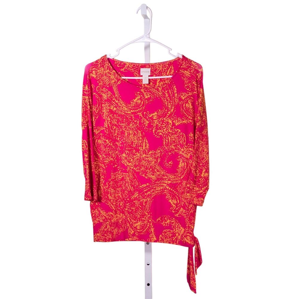 Chico's Womens Blouse Pink Yellow Abstract Stretch Tie Front Colorful Top 0 S/4